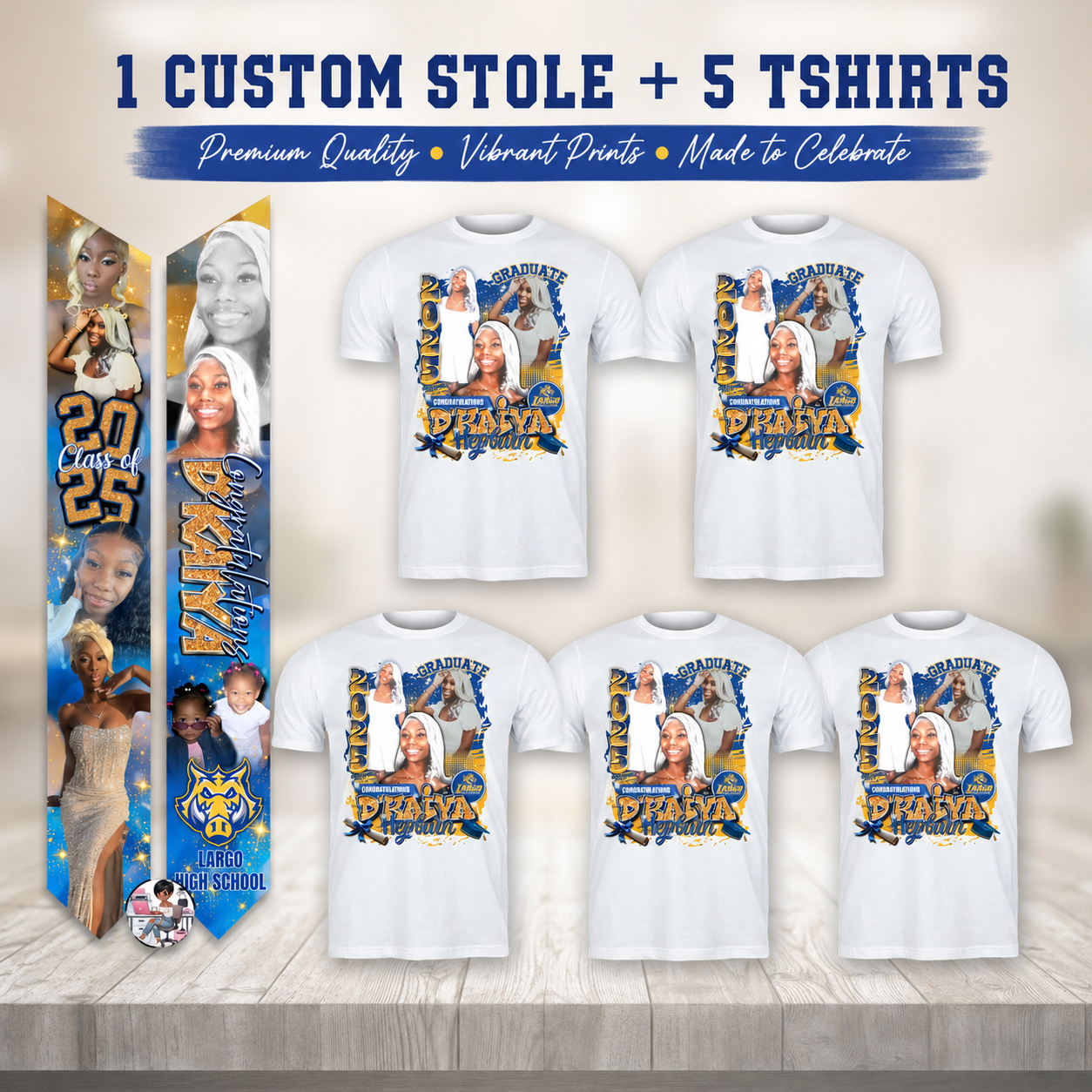 Custom Graduation Stole and 5 Shirts Bundle • Personalized Photo Graduation Outfit Package