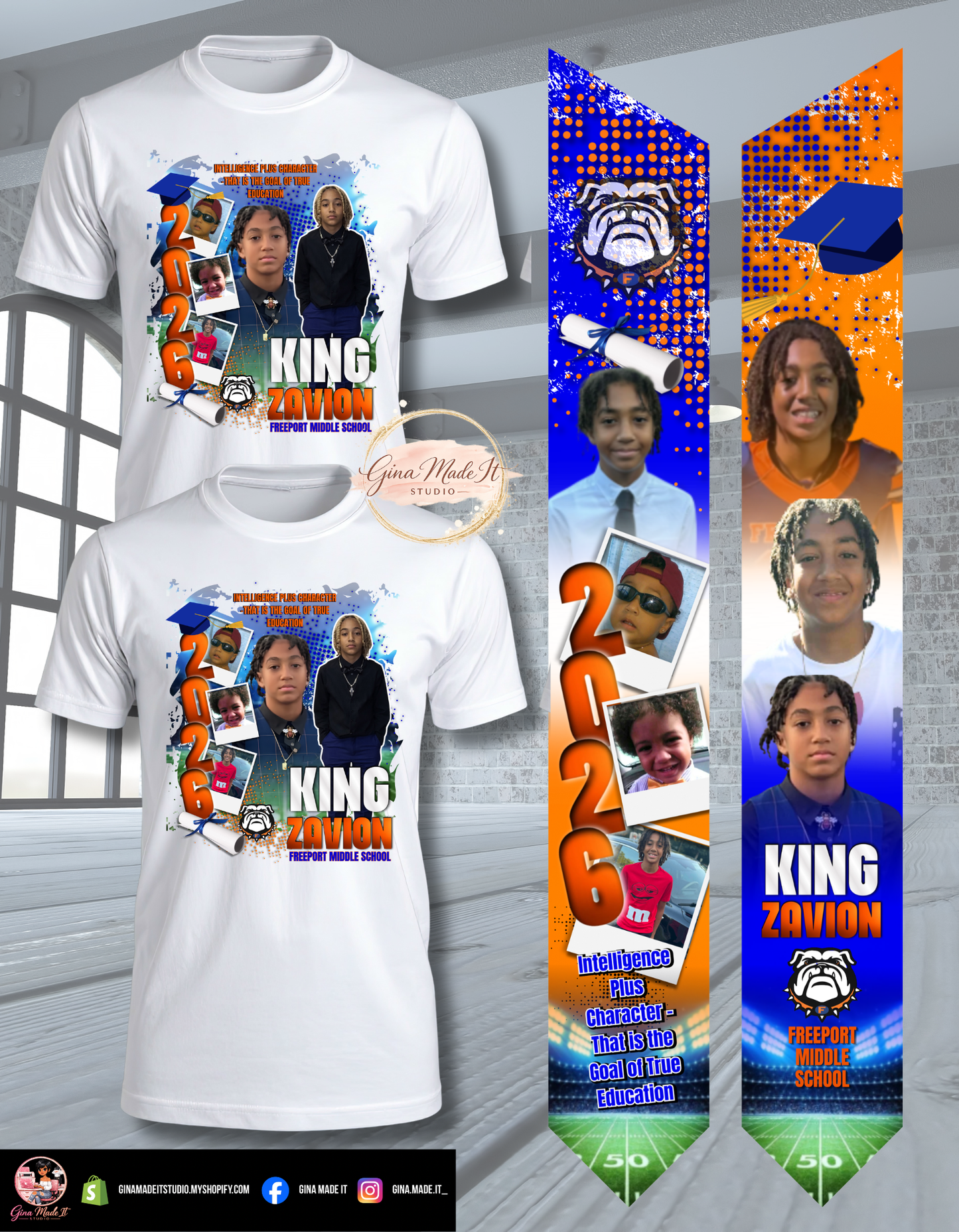 Custom Graduation Stole and 5 Shirts Bundle • Personalized Photo Graduation Outfit Package